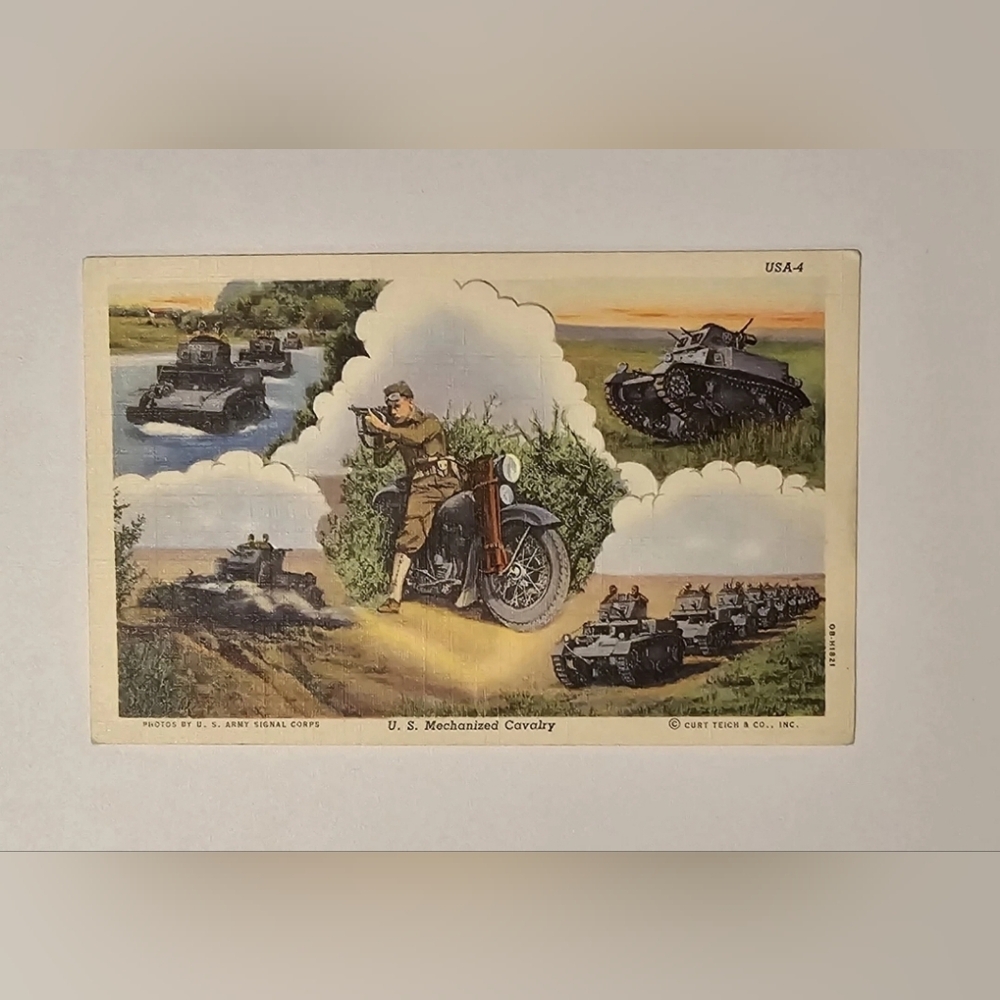 Vintage ( 5 Pictures In 1 )Tanks Motorcycle Army Military Postcard ~Read Details